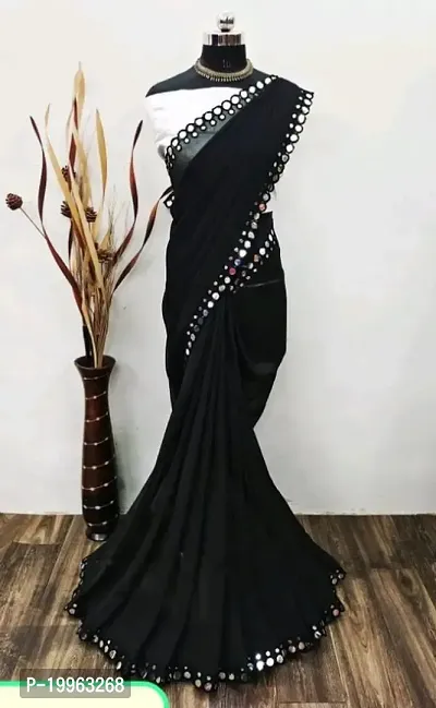 Georgette Mirror Work Black Saree with Blouse piece-thumb0
