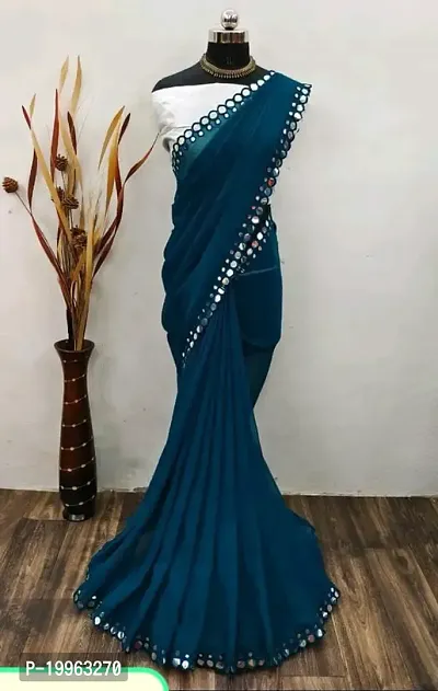 Georgette Mirror Work Blue Saree with Blouse piece-thumb0