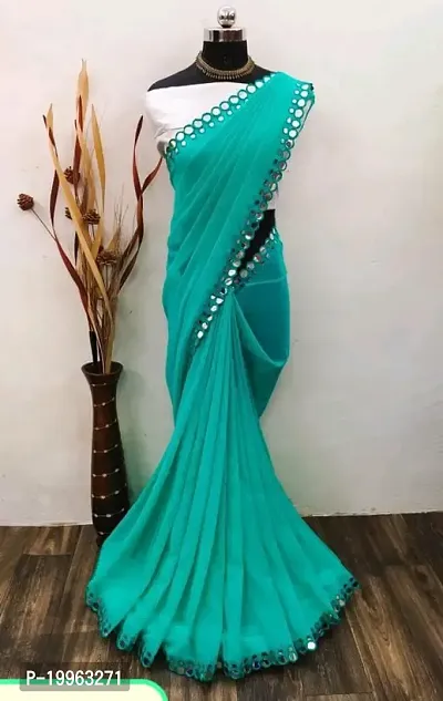 Georgette Mirror Work Turquoise Saree with Blouse piece
