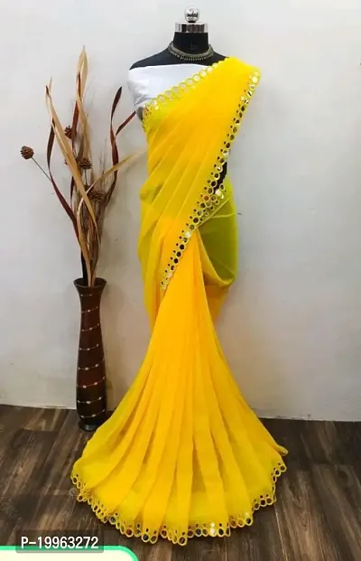 Georgette Mirror Work Yellow Saree with Blouse piece