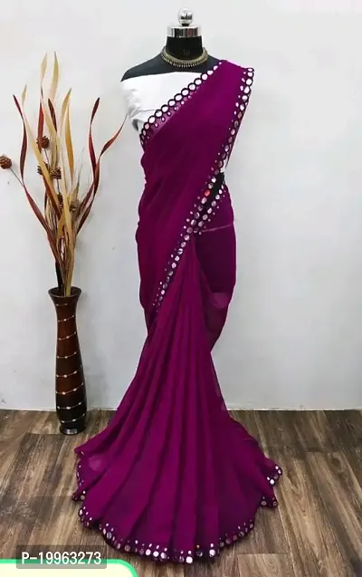 Georgette Mirror Work Purple Saree with Blouse piece