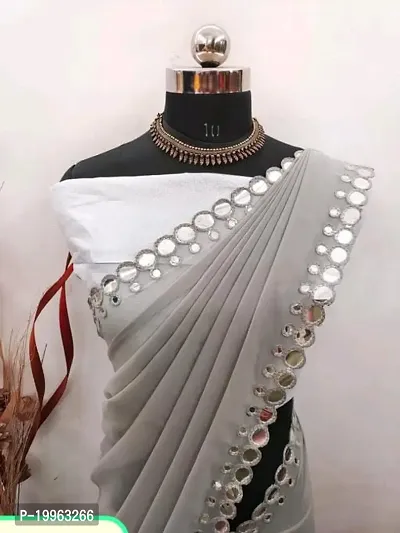 Georgette Mirror Work Grey Saree with Blouse piece-thumb2