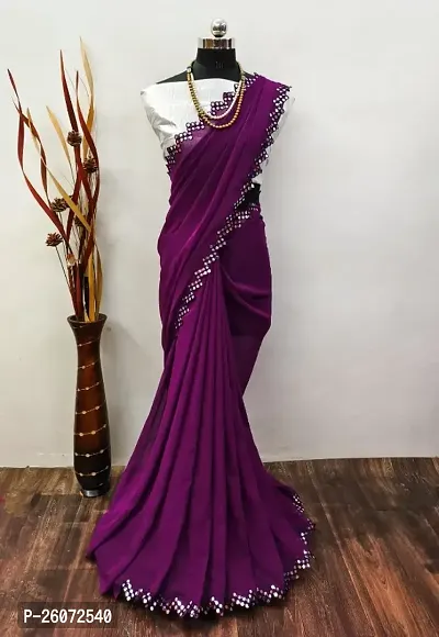 Georgette Mirror Work Purple Saree with Blouse piece