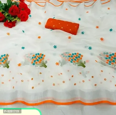 Chanderi Silk Embroidered Orange Saree with Blouse piece