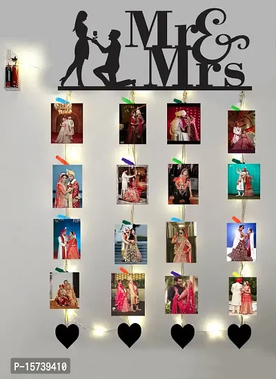 Khush Its Amazing Home Decor Wood Mr And Mrs And Heart With LED Light Hanging Photo Display, DIY Picture Photo Frame Collage Set Includes Multi colour Clips