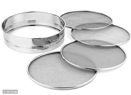Pmw - Sieve - 4 in 1 Stainless Steel Interchangeable Sieve Set of 5, Flour Chalni, Spices, Food Strainers, Atta Chalni, Jaali Channi Atta Maida Strainer - 4 Pieces Set-thumb0