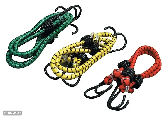 Pmw - Heavy Duty High Strength Elastic Tying Rope with Hooks - Shock Cord Cables - Luggage Tying Rope with Hooks (Length 6 ft - Set of 3)-thumb0