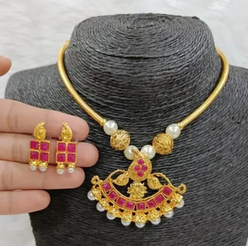 Trendy Designer Copper Gold Plated Temple Jewellery Set