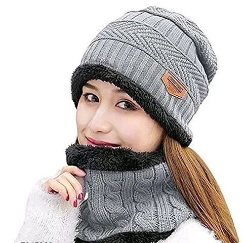 DAVIDSON 2 Pcs - Cap and Scarf - Imported Soft Warm Snow and Air Proof Fleece Knitted Cap (Inside Fur) Woolen Beanie Winter Cap with Scarf for Women Girl Ladies (C5)