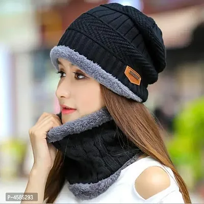 Stylish Black Woolen Set Winter Cap Neck Scarf Set Warm Knitted Fur Inside For Men And Women