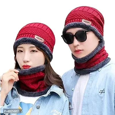 Comfy Red Woollen Solid Winter Cap For Men And Women-thumb0