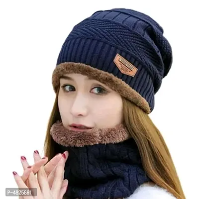 Comfy Navy Blue Woollen Solid Winter Cap For Men And Women-thumb0