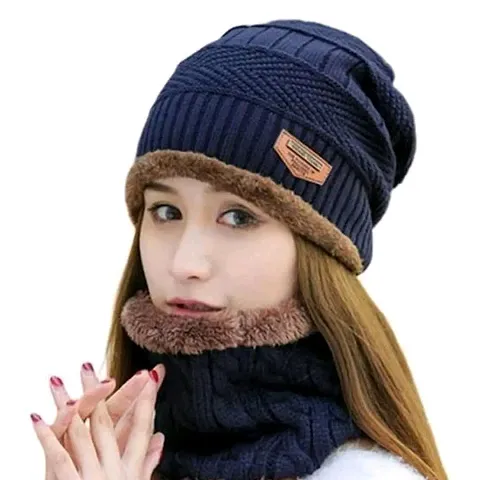 Woolen Beanie Cap With Neck Muffler Inside Wool Fur