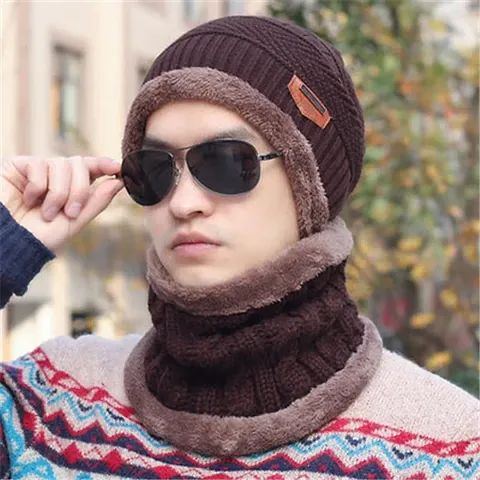 DAVIDSON Snow Proof Inside Fur Wool Unisex Beanie Cap with Neck Warmer Set Knit Hat Thick Fleece Lined Winter Hat for Men & Women (Brown)