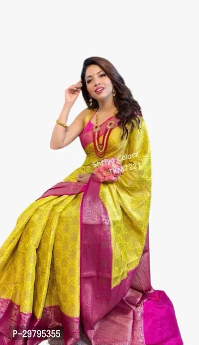 Stylish Yellow Banarasi Silk Saree With Blouse Piece For Women