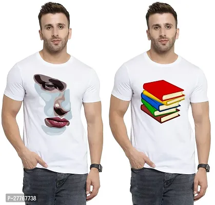 Stylish White Cotton Printed Round Neck Tees For Men Pack Of 2