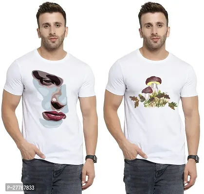 Stylish White Cotton Printed Round Neck Tees For Men Pack Of 2-thumb0