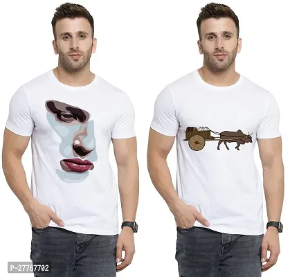 Stylish White Cotton Printed Round Neck Tees For Men Pack Of 2