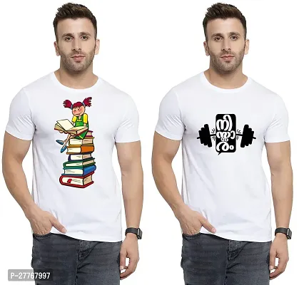 Stylish White Cotton Printed Round Neck Tees For Men Pack Of 2