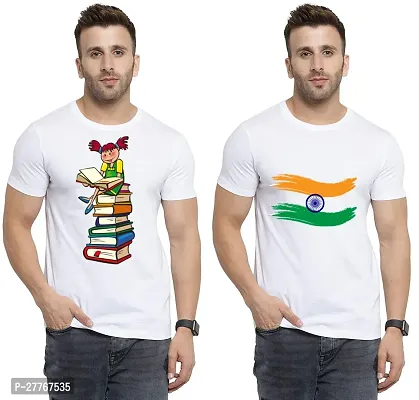 Stylish White Cotton Printed Round Neck Tees For Men Pack Of 2