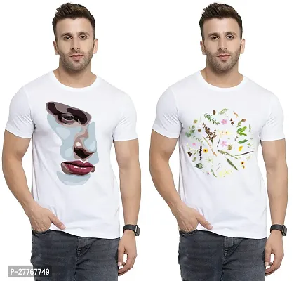 Stylish White Cotton Printed Round Neck Tees For Men Pack Of 2-thumb0