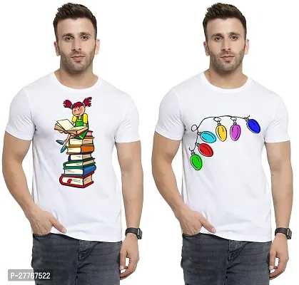 Stylish White Cotton Printed Round Neck Tees For Men Pack Of 2