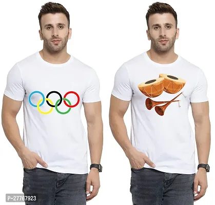 Stylish White Cotton Printed Round Neck Tees For Men Pack Of 2-thumb0