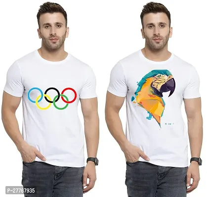 Stylish White Cotton Printed Round Neck Tees For Men Pack Of 2