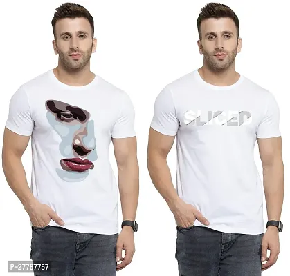 Stylish White Cotton Printed Round Neck Tees For Men Pack Of 2-thumb0