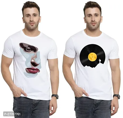 Stylish White Cotton Printed Round Neck Tees For Men Pack Of 2