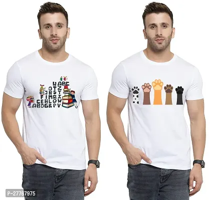 Stylish White Cotton Printed Round Neck Tees For Men Pack Of 2-thumb0