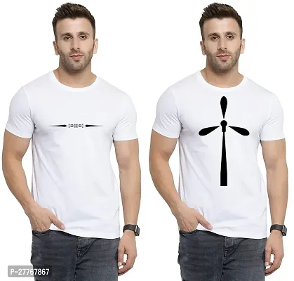 Stylish White Cotton Printed Round Neck Tees For Men Pack Of 2