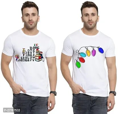 Stylish White Cotton Printed Round Neck Tees For Men Pack Of 2