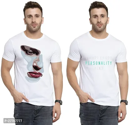 Stylish White Cotton Printed Round Neck Tees For Men Pack Of 2