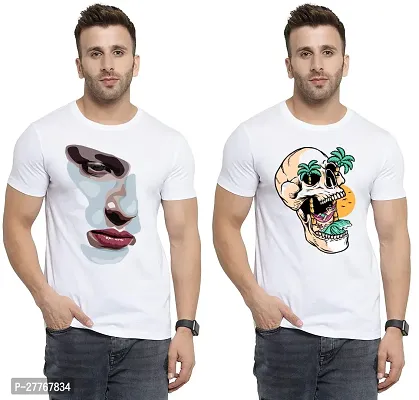 Stylish White Cotton Printed Round Neck Tees For Men Pack Of 2-thumb0