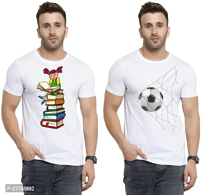 Stylish White Cotton Printed Round Neck Tees For Men Pack Of 2