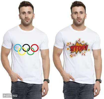 Stylish White Cotton Printed Round Neck Tees For Men Pack Of 2