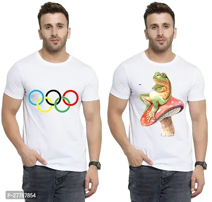 Stylish White Cotton Printed Round Neck Tees For Men Pack Of 2-thumb0