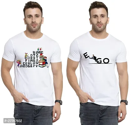 Stylish White Cotton Printed Round Neck Tees For Men Pack Of 2-thumb0