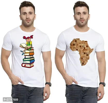 Stylish White Cotton Printed Round Neck Tees For Men Pack Of 2