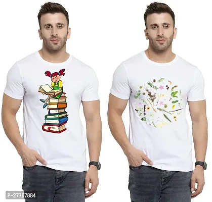 Stylish White Cotton Printed Round Neck Tees For Men Pack Of 2-thumb0