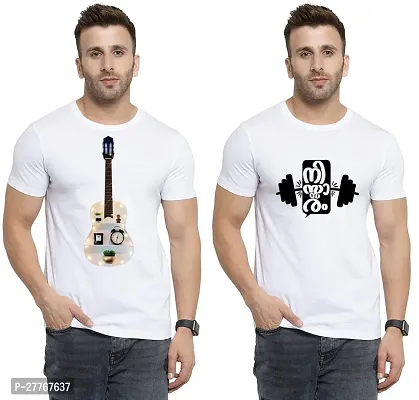 Stylish White Cotton Printed Round Neck Tees For Men Pack Of 2