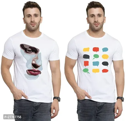 Stylish White Cotton Printed Round Neck Tees For Men Pack Of 2