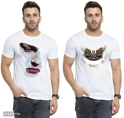 Stylish White Cotton Printed Round Neck Tees For Men Pack Of 2