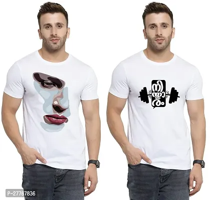 Stylish White Cotton Printed Round Neck Tees For Men Pack Of 2