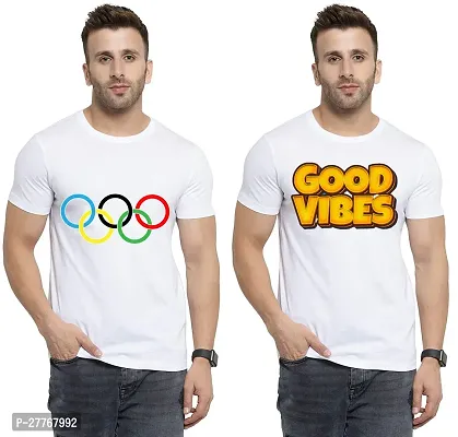 Stylish White Cotton Printed Round Neck Tees For Men Pack Of 2-thumb0