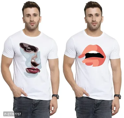 Stylish White Cotton Printed Round Neck Tees For Men Pack Of 2-thumb0