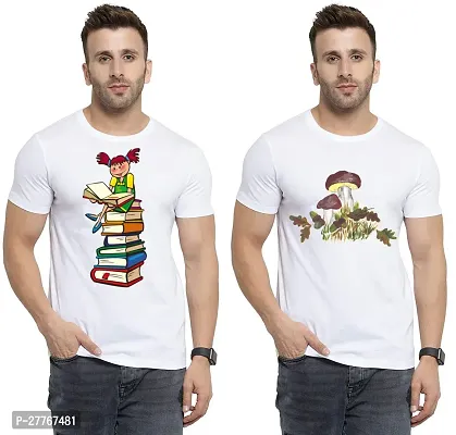 Stylish White Cotton Printed Round Neck Tees For Men Pack Of 2-thumb0