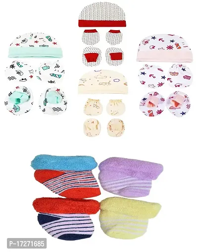 Gouravsumana New Born Baby Soft Cotton Mittens Booties Cap Socks Set (0-3 Months, Multicolor)