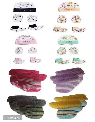 Gouravsumana New Born Baby Soft Cotton Socks Mittens Booties Cap Set (0-3 Months, Multicolor 1)